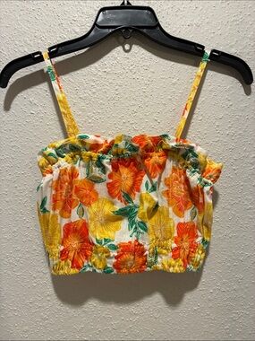 Zara Floral Ruffled Linen Cropped Cami - Yellow, Orange, Green